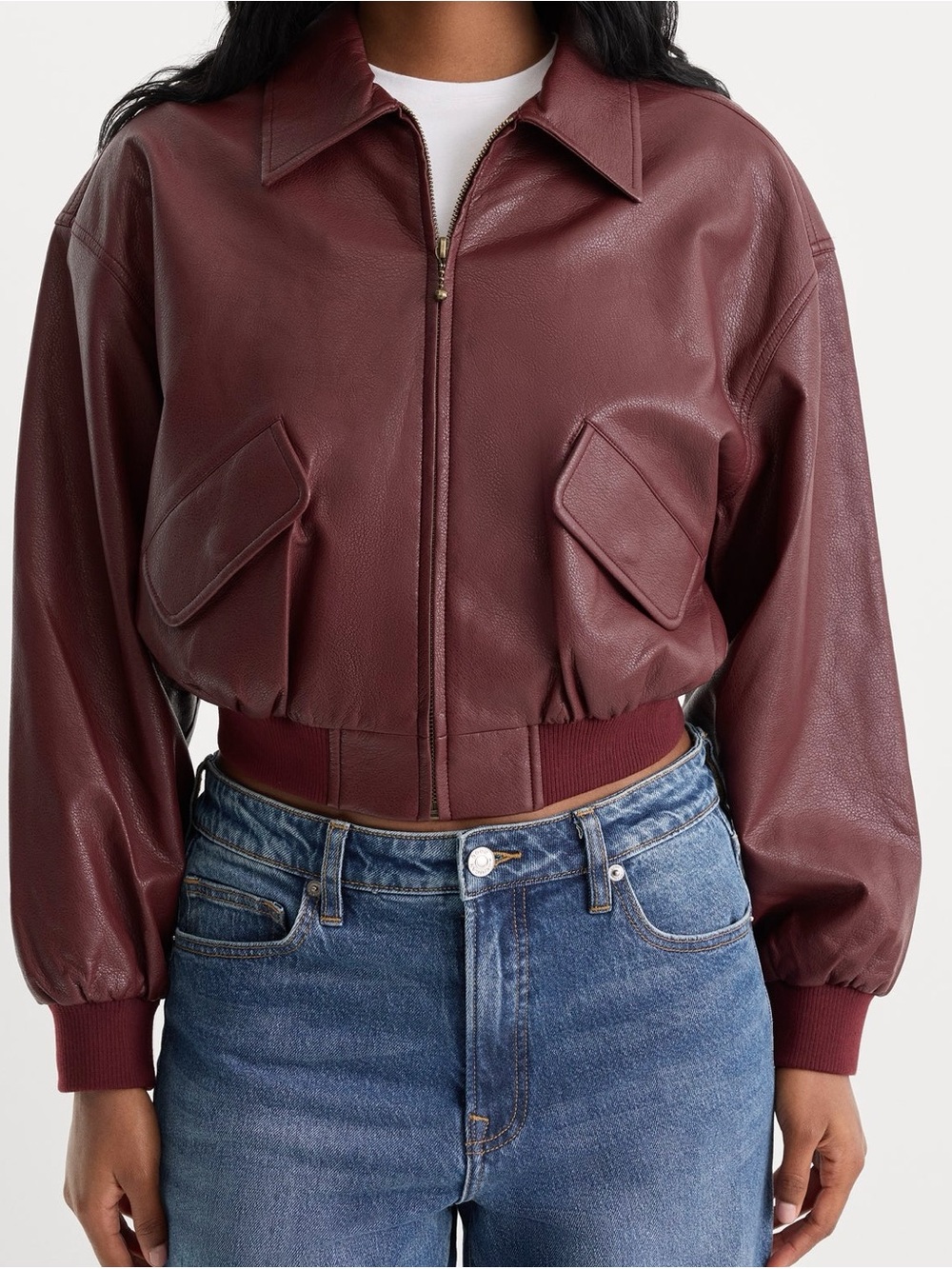 NWT Good American Better Than Leather Bomber Jacket in Berry Noir
